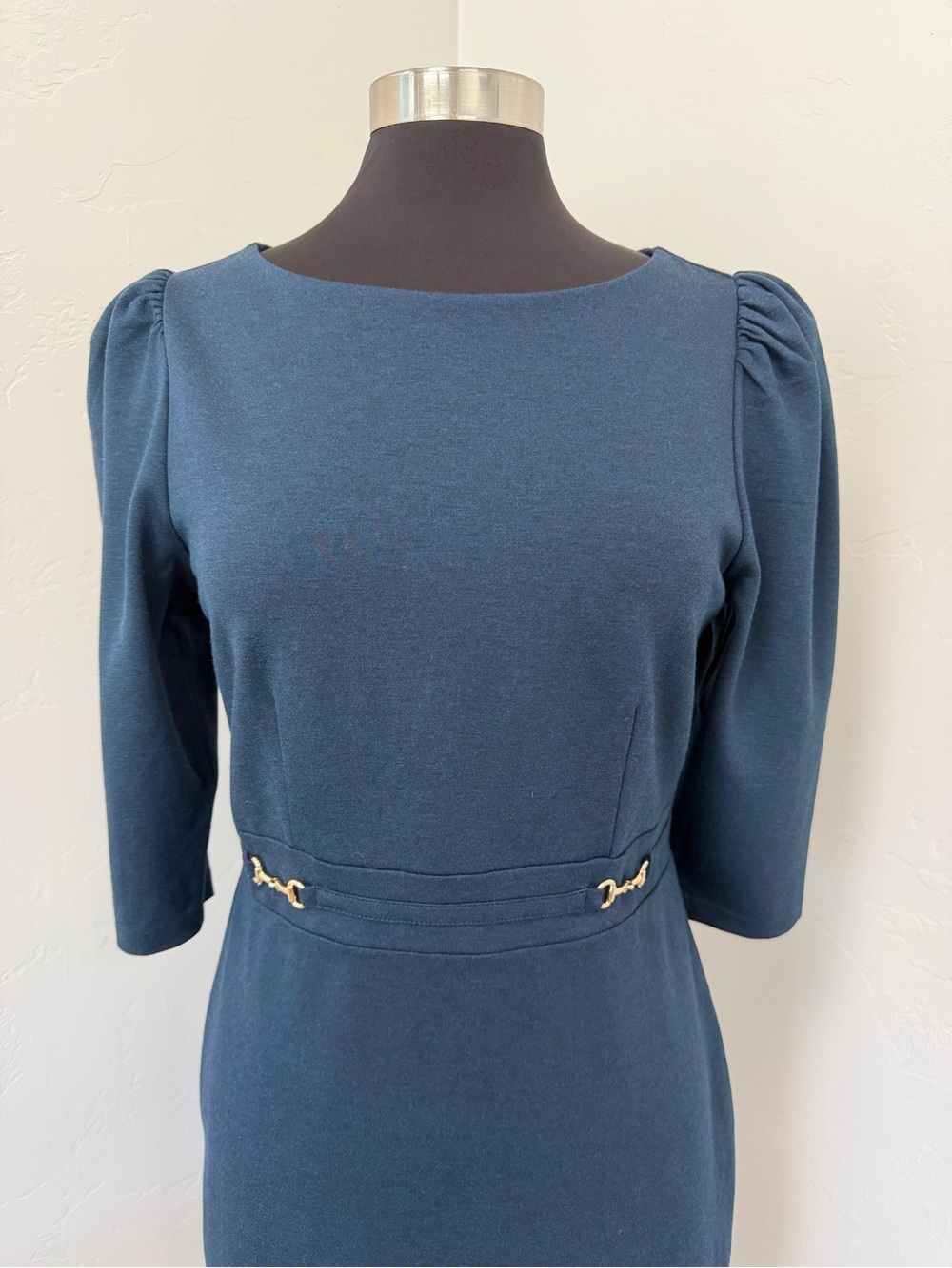 NWT Ann Taylor Dark Teal Sheath with Subtle Waist Hardware Midi Dress Size 8P - Picture 3 of 12